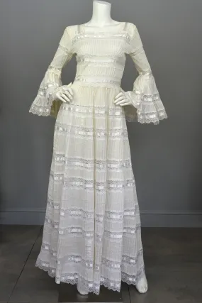 1970s Vintage Mexican Wedding Dress with Bell Sleeves and Lace