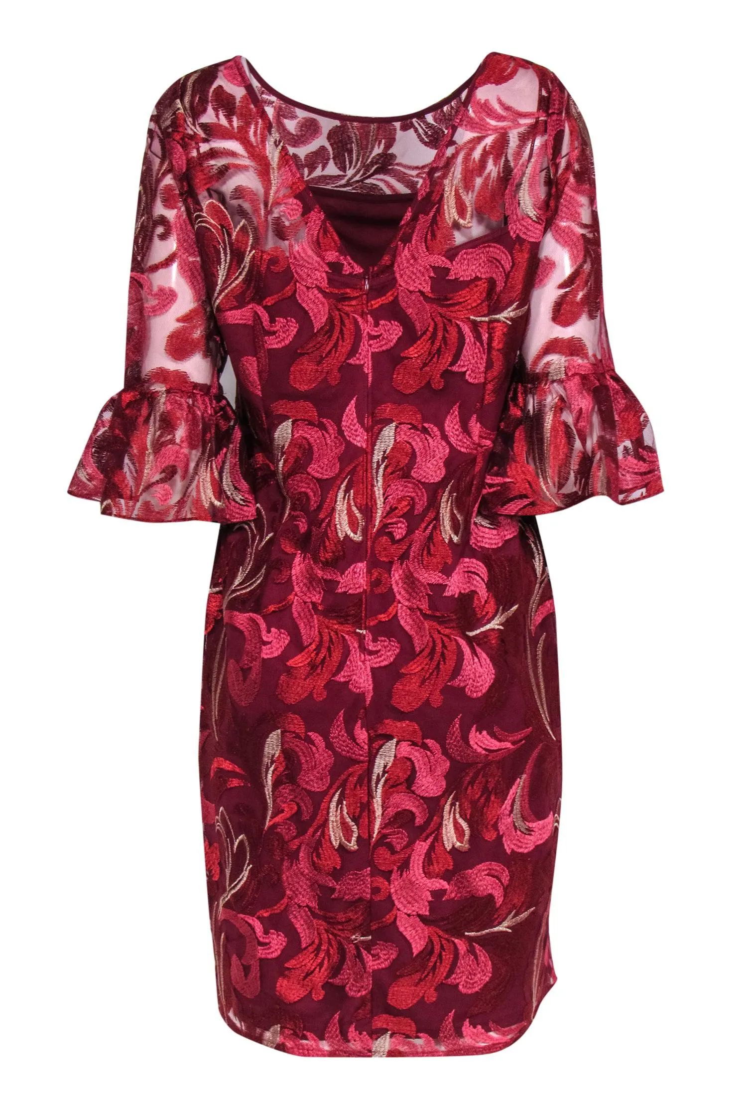 Adrianna Papell - Red Embroidered Floral Patter Dress w/ Flounce Sleeves Sz 12