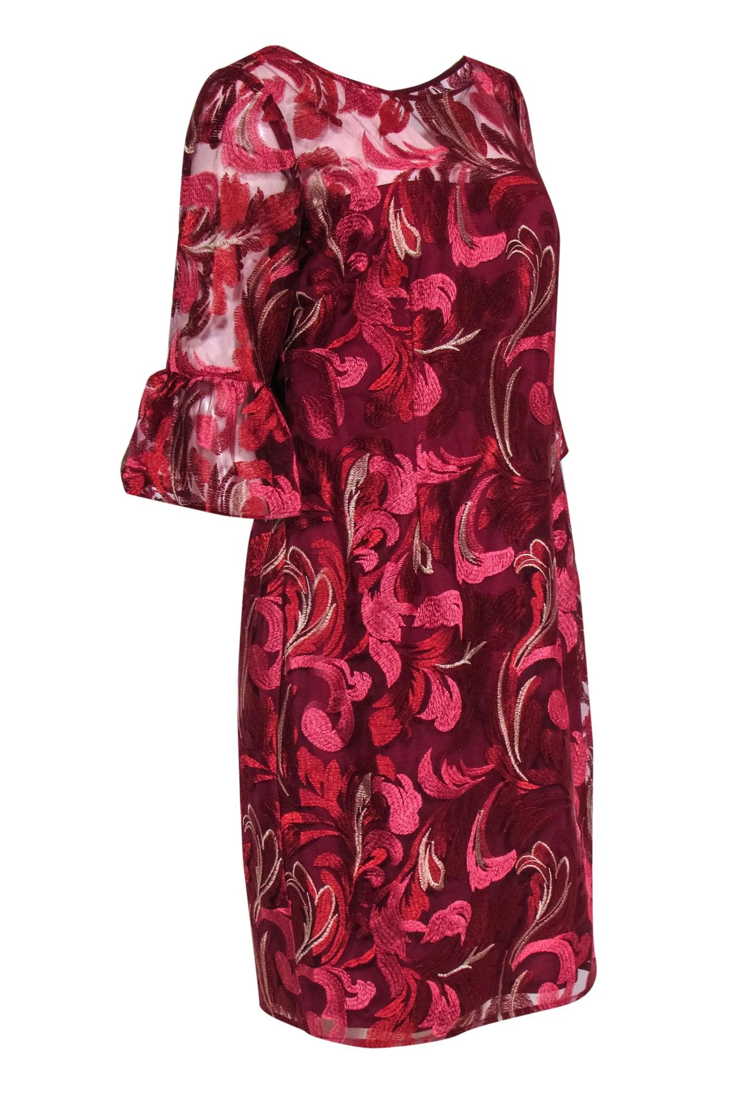 Adrianna Papell - Red Embroidered Floral Patter Dress w/ Flounce Sleeves Sz 12
