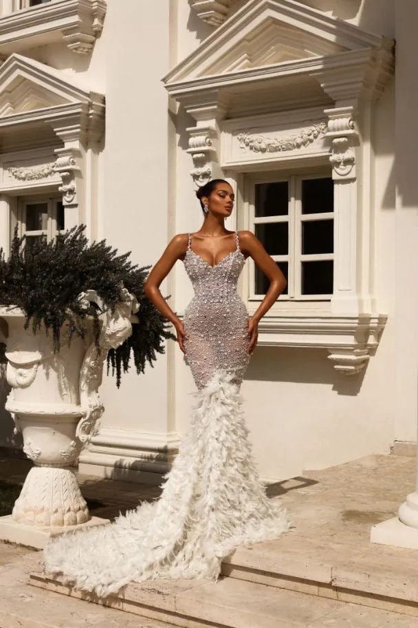 Annabelle Elegant Long Feather Touch White Wedding Dress