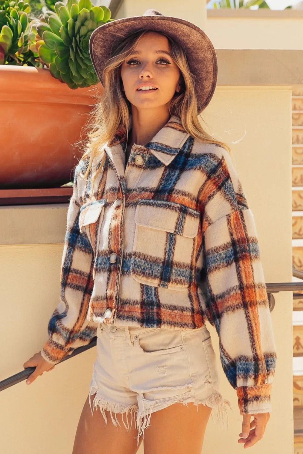 BiBi Brushed Plaid Crop Jacket with Pockets in Fall Colors