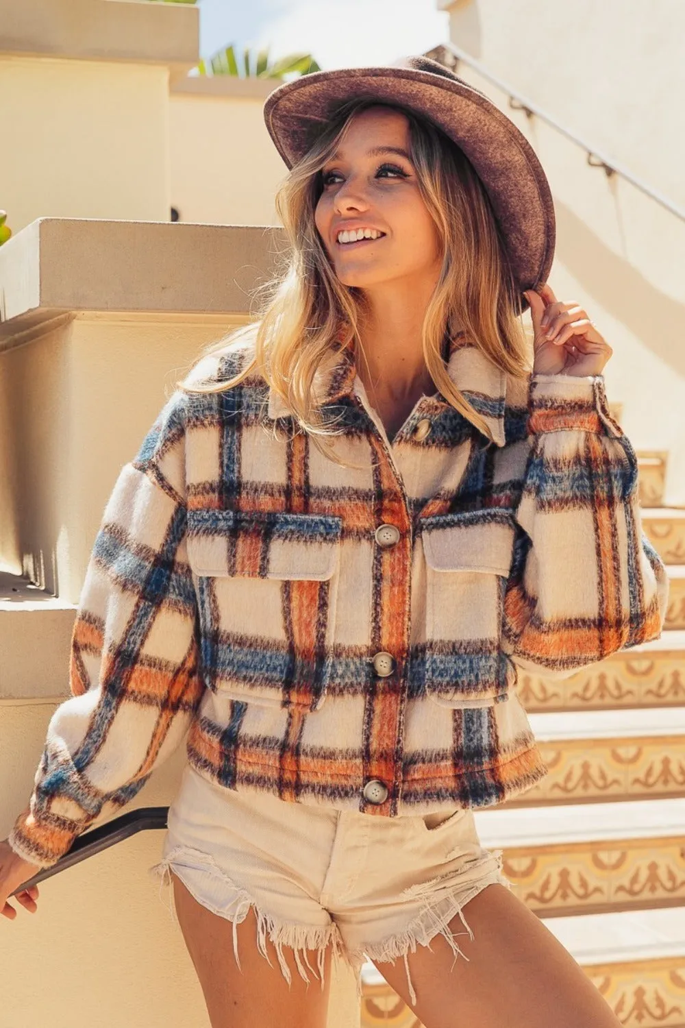 BiBi Brushed Plaid Crop Jacket with Pockets in Fall Colors