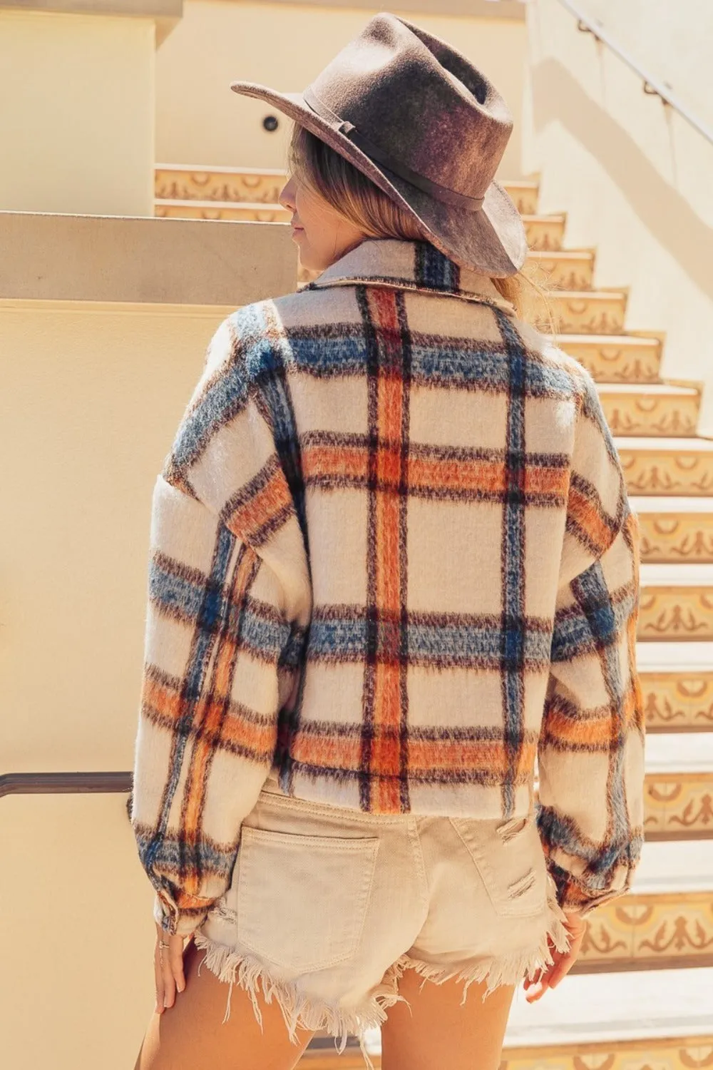 BiBi Brushed Plaid Crop Jacket with Pockets in Fall Colors