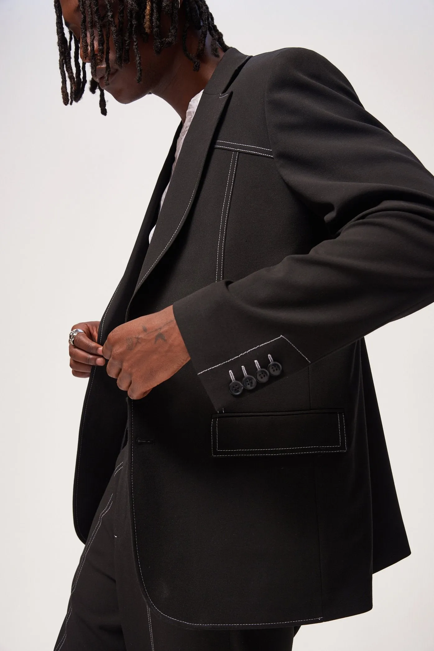 Black Oversized Blazer With Contrast Stitch Detail