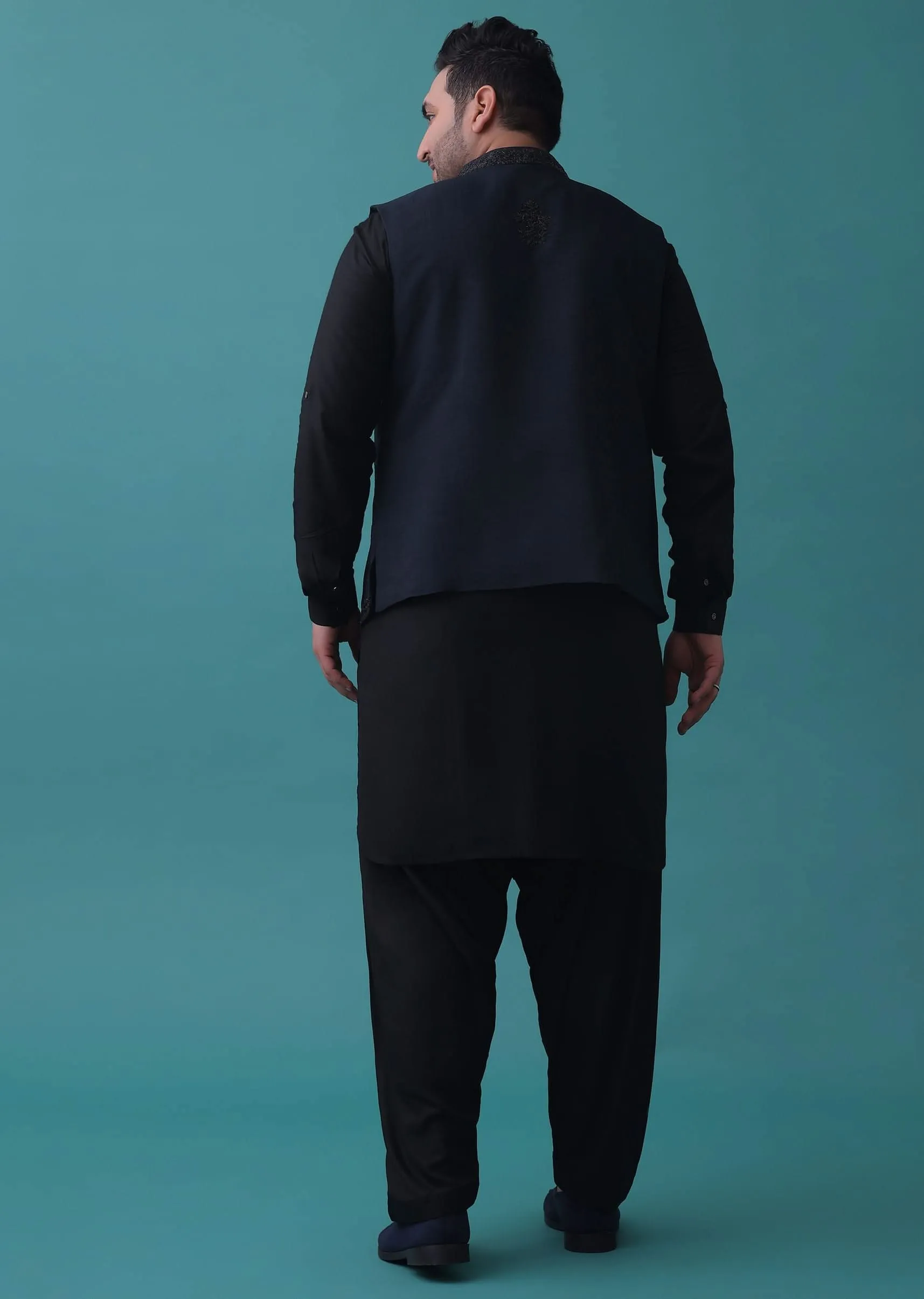 Black With Navy Blue Embroidered Bandi Jacket Set In Cotton Silk