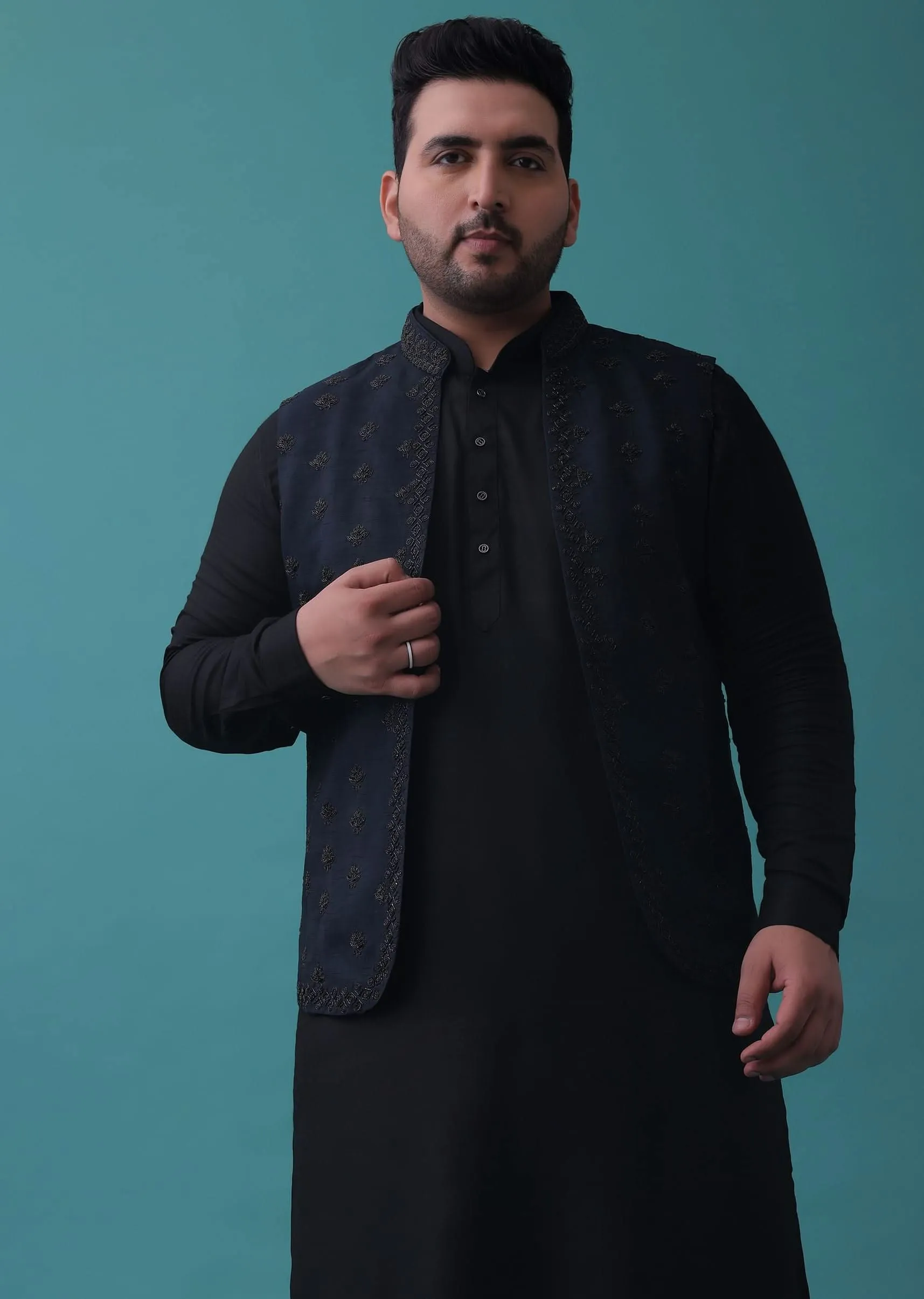 Black With Navy Blue Embroidered Bandi Jacket Set In Cotton Silk