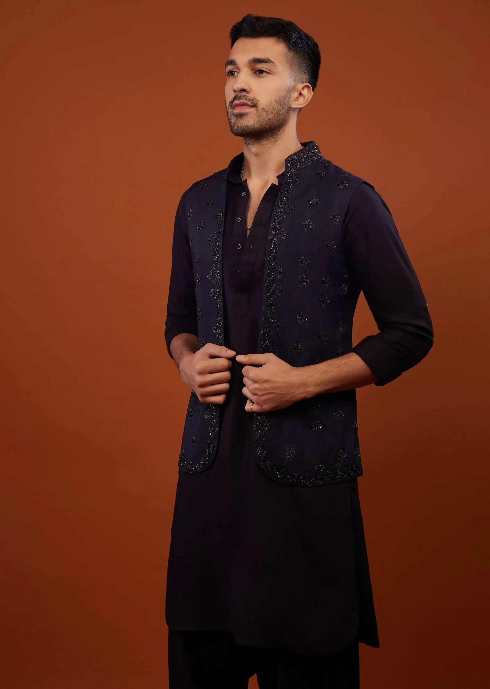 Black With Navy Blue Embroidered Bandi Jacket Set In Cotton Silk