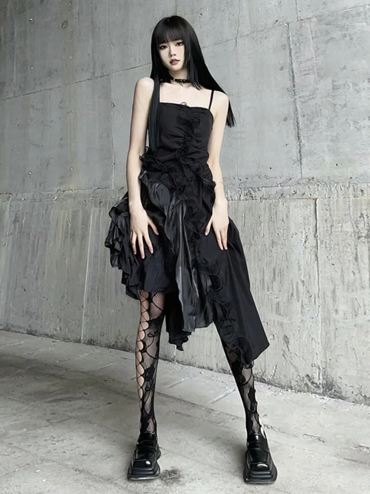 Black Asymmetrical Hem Flounce Trim Glamorous Cami Dress
