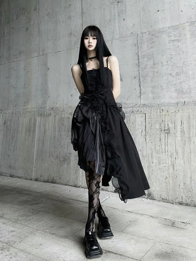 Black Asymmetrical Hem Flounce Trim Glamorous Cami Dress