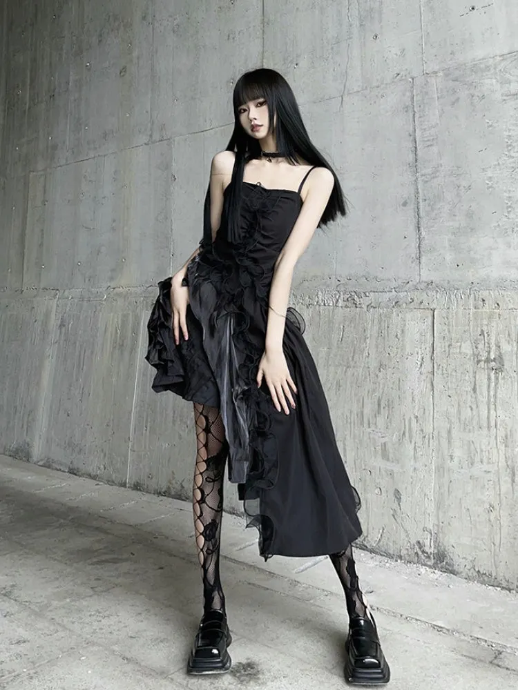 Black Asymmetrical Hem Flounce Trim Glamorous Cami Dress