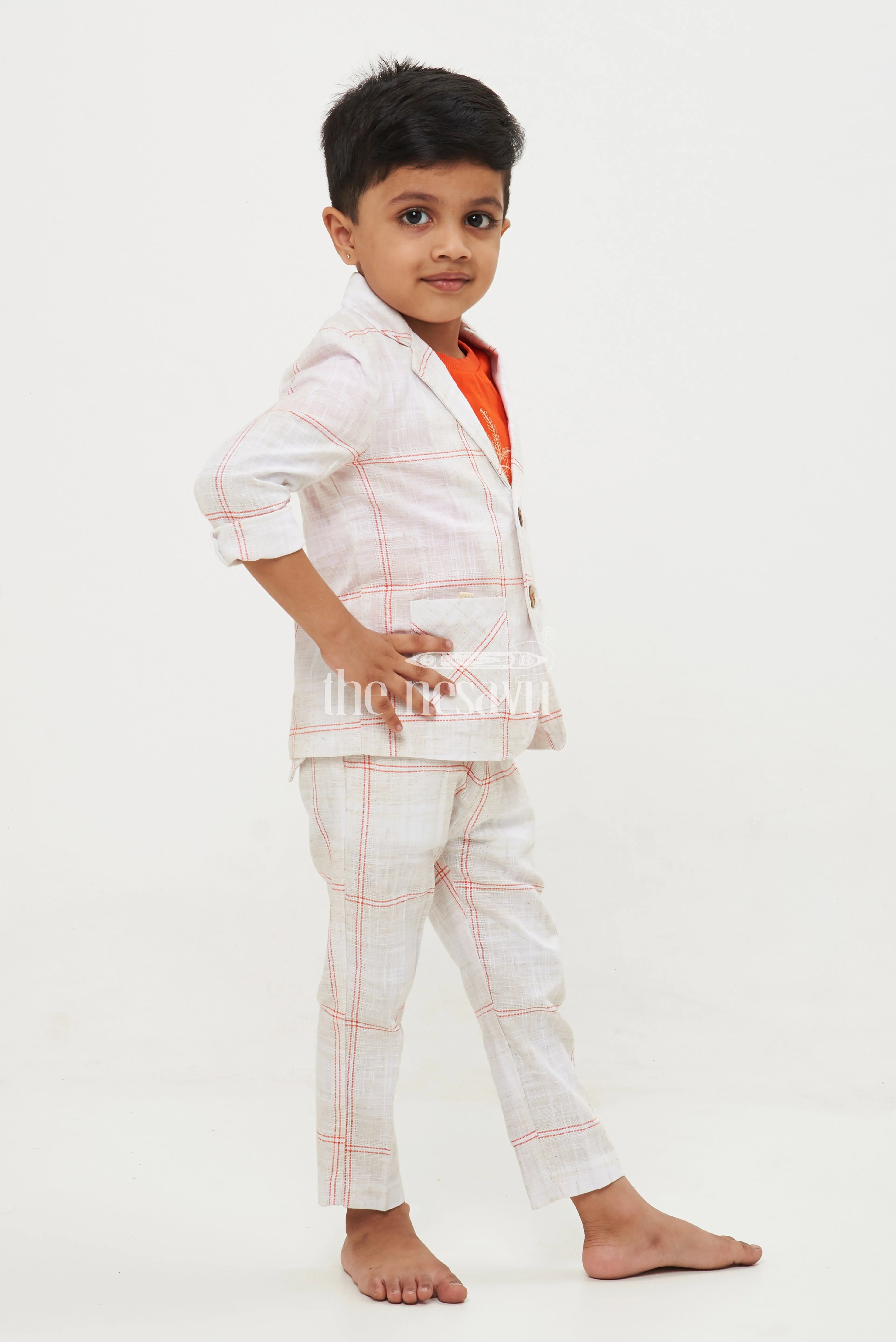 Boys' Designer Linen Cotton Blazer Pant & T-Shirt Set - Full Sleeve