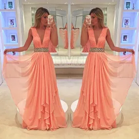 coral beaded prom dresses long deep v neck beaded chiffon a line pleated cheap senior formal prom gown
