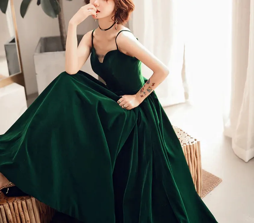 Dark Green Chic Straps Velvet Long Bridesmaid Dress Party Dress Velvet Evening Dress Formal Dress