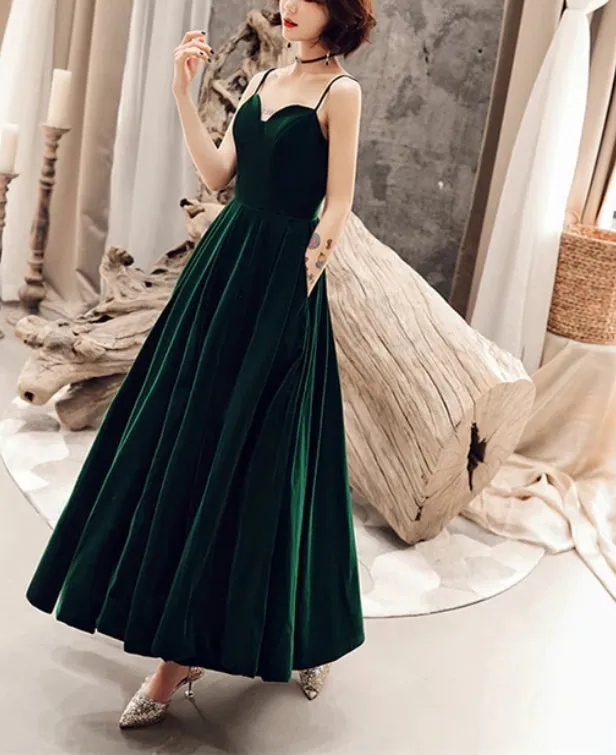 Dark Green Chic Straps Velvet Long Bridesmaid Dress Party Dress Velvet Evening Dress Formal Dress
