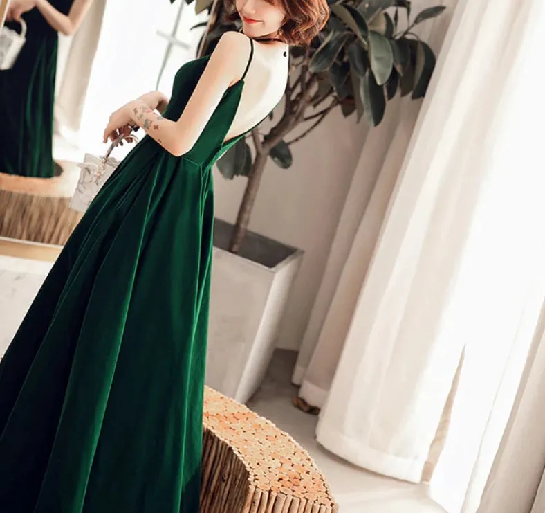 Dark Green Chic Straps Velvet Long Bridesmaid Dress Party Dress Velvet Evening Dress Formal Dress