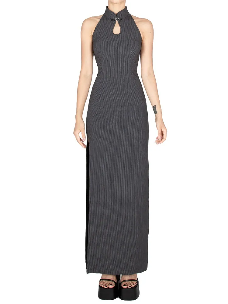 Dark Gray Thigh-high Slit Glamorous Sleeveless Qipao Dress