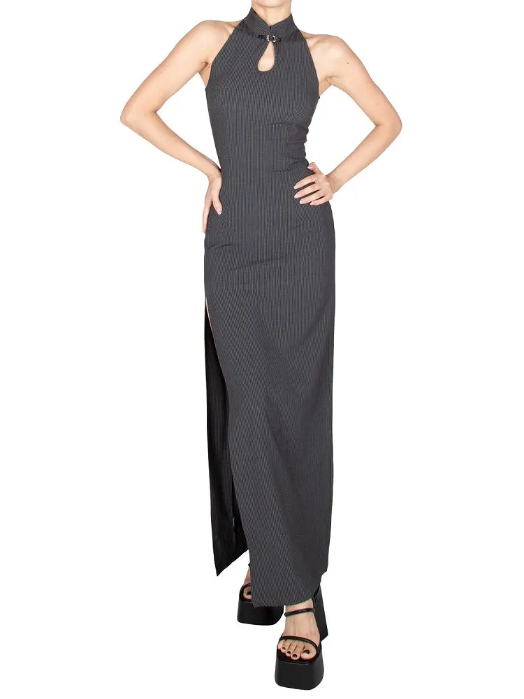 Dark Gray Thigh-high Slit Glamorous Sleeveless Qipao Dress