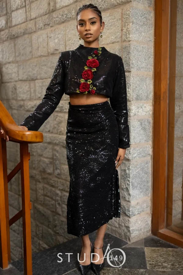 DESIGNER EMBELLISHED CO ORD SET IN BLACK