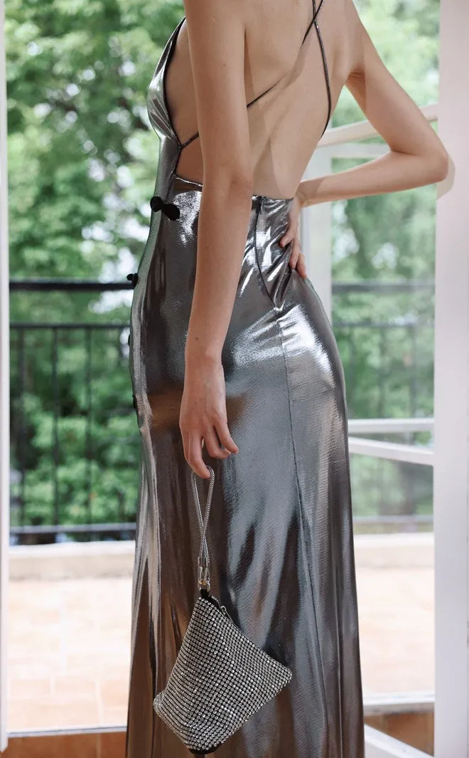 DOLLY Elegant Liquid Sliver Chinese Style Halter Neck Body Hug Long Cocktail Dress-MARBLE  (V)