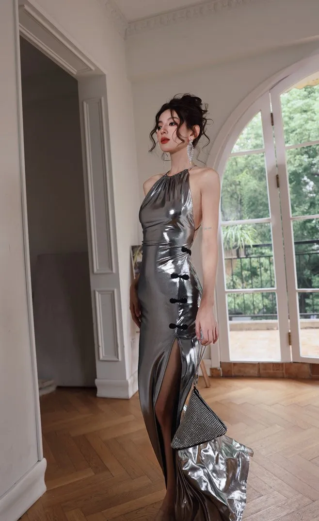 DOLLY Elegant Liquid Sliver Chinese Style Halter Neck Body Hug Long Cocktail Dress-MARBLE  (V)