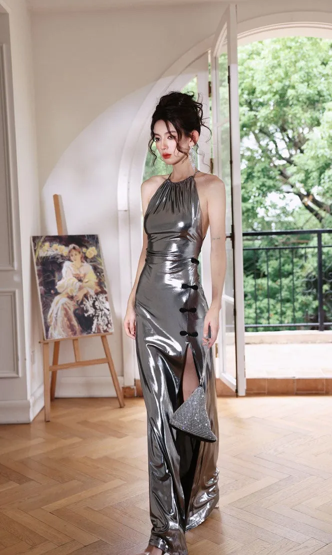 DOLLY Elegant Liquid Sliver Chinese Style Halter Neck Body Hug Long Cocktail Dress-MARBLE  (V)