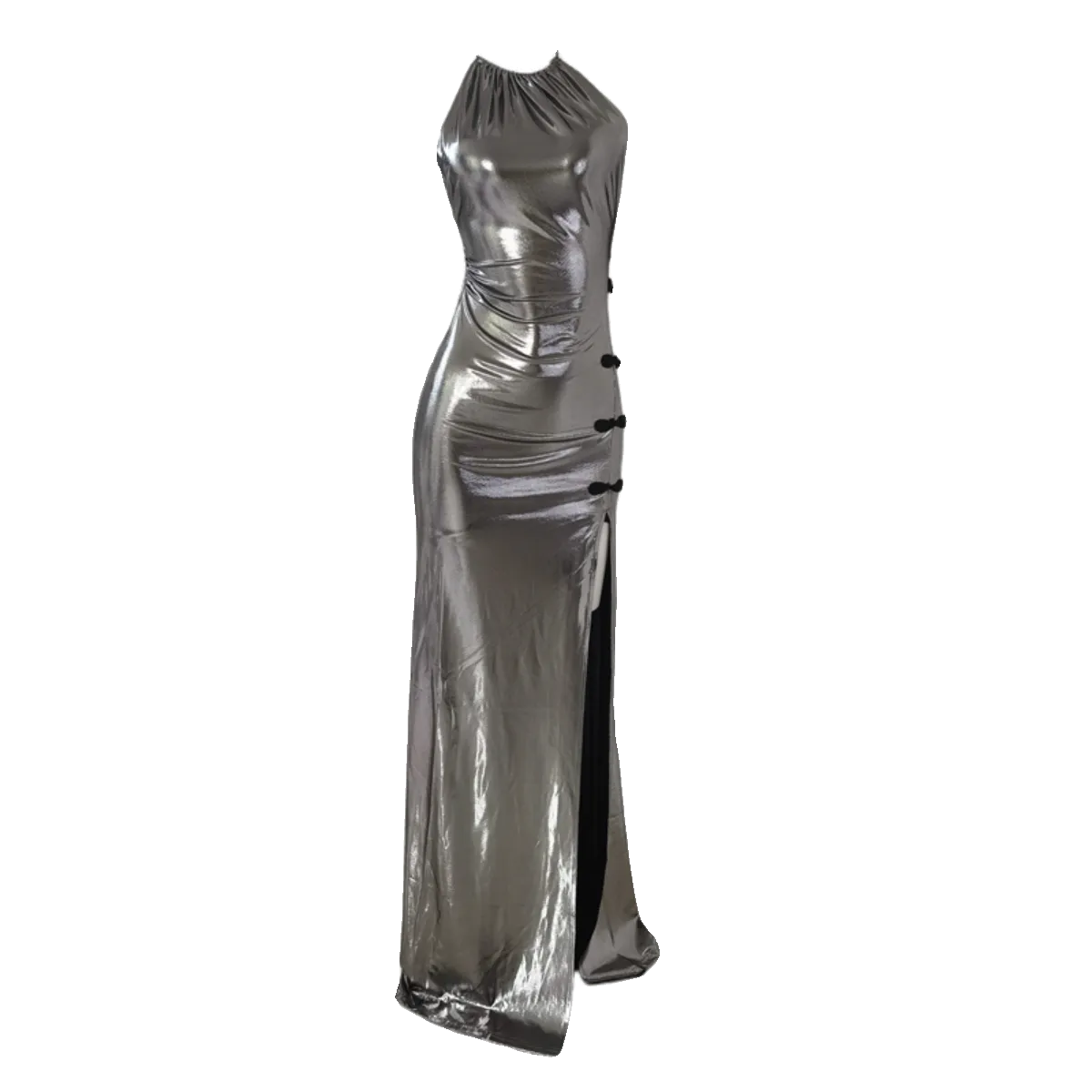 DOLLY Elegant Liquid Sliver Chinese Style Halter Neck Body Hug Long Cocktail Dress-MARBLE  (V)