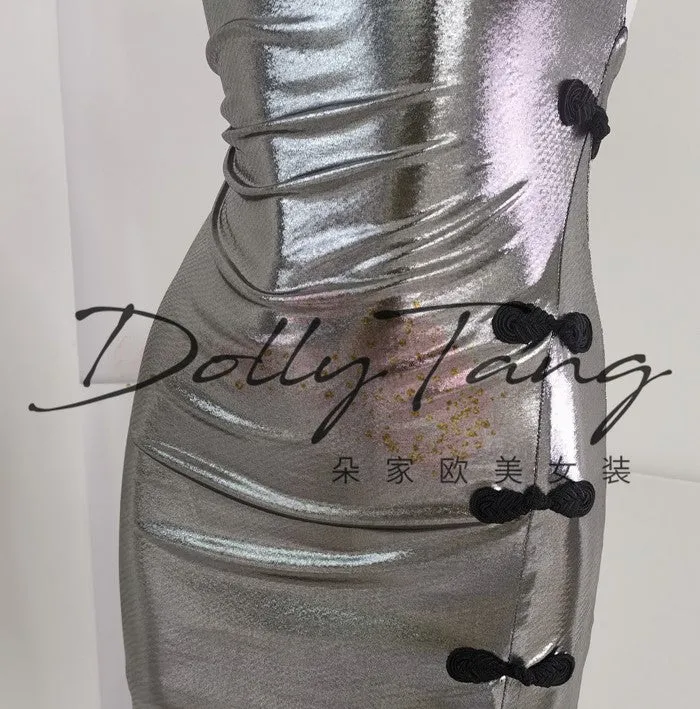 DOLLY Elegant Liquid Sliver Chinese Style Halter Neck Body Hug Long Cocktail Dress-MARBLE  (V)