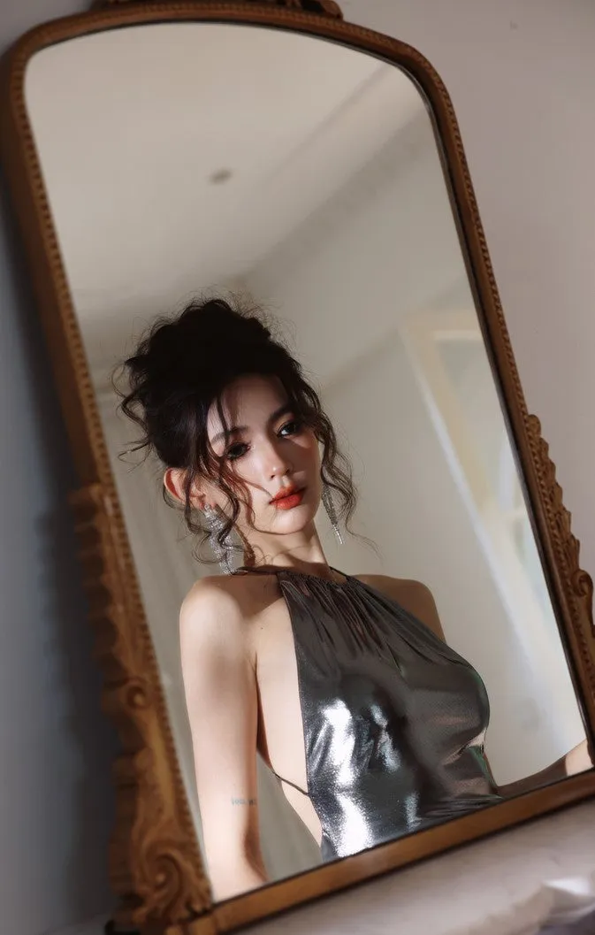 DOLLY Elegant Liquid Sliver Chinese Style Halter Neck Body Hug Long Cocktail Dress-MARBLE  (V)