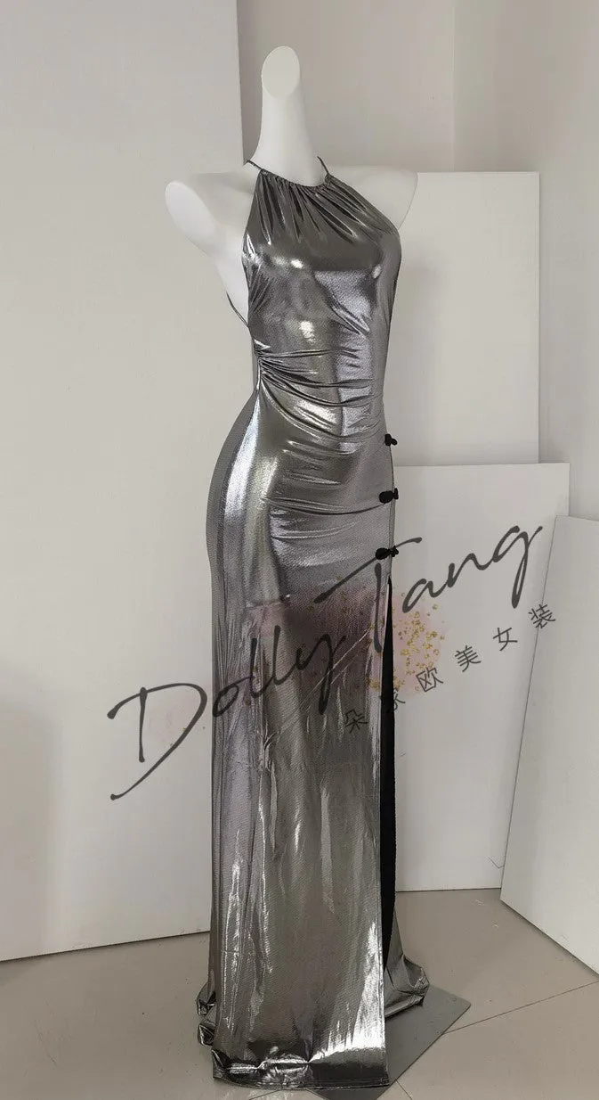 DOLLY Elegant Liquid Sliver Chinese Style Halter Neck Body Hug Long Cocktail Dress-MARBLE  (V)