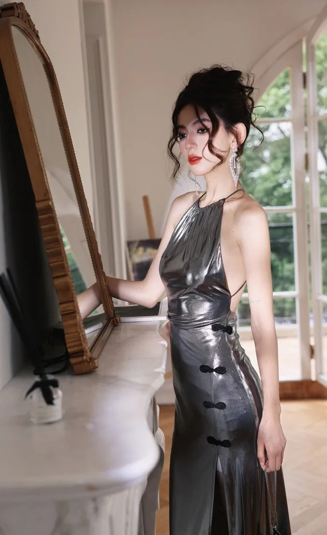 DOLLY Elegant Liquid Sliver Chinese Style Halter Neck Body Hug Long Cocktail Dress-MARBLE  (V)