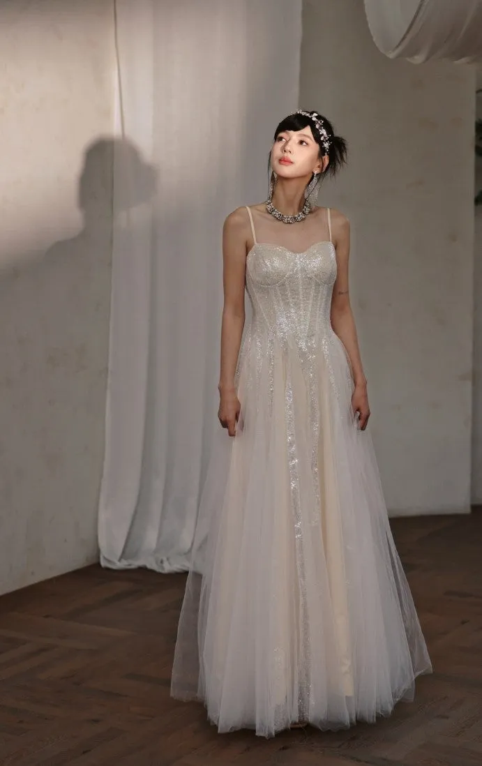 DOLLY Elegant Off White Sleeveless Sequin Long Wedding Guest Dress-Star