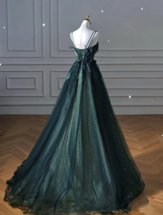 Elegant A Line Dark Green Tulle Long Prom Dress SH1302