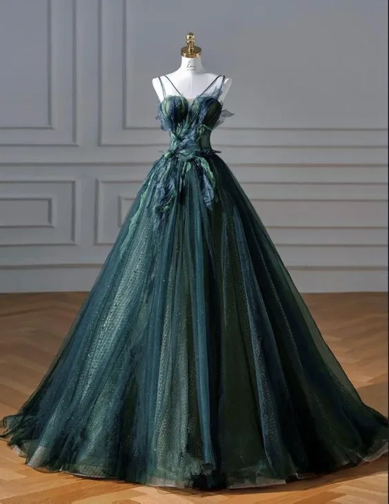 Elegant A Line Dark Green Tulle Long Prom Dress SH1302
