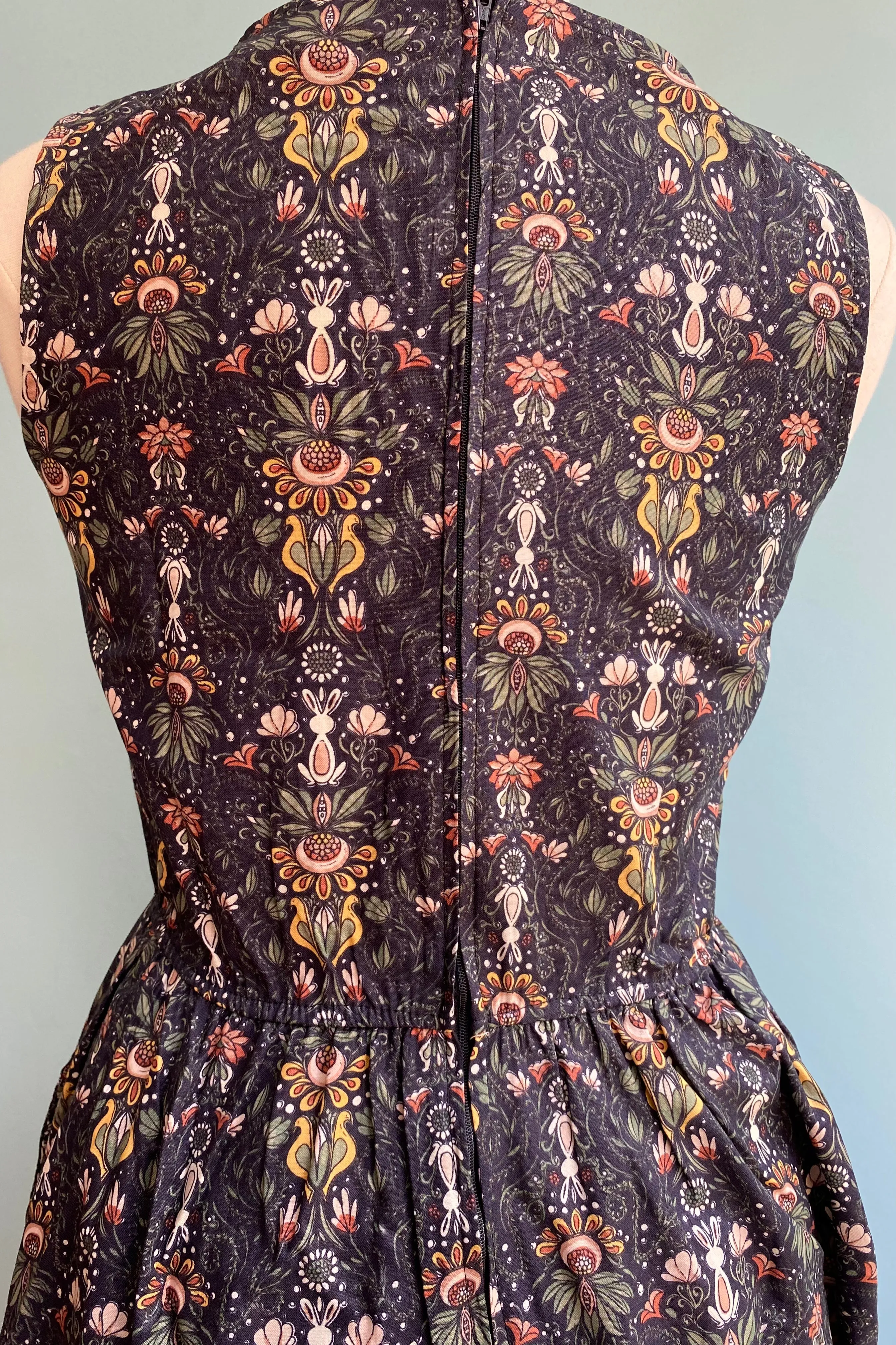 Folk Art Floral & Bunny Midi Dress in Navy by Retrolicious
