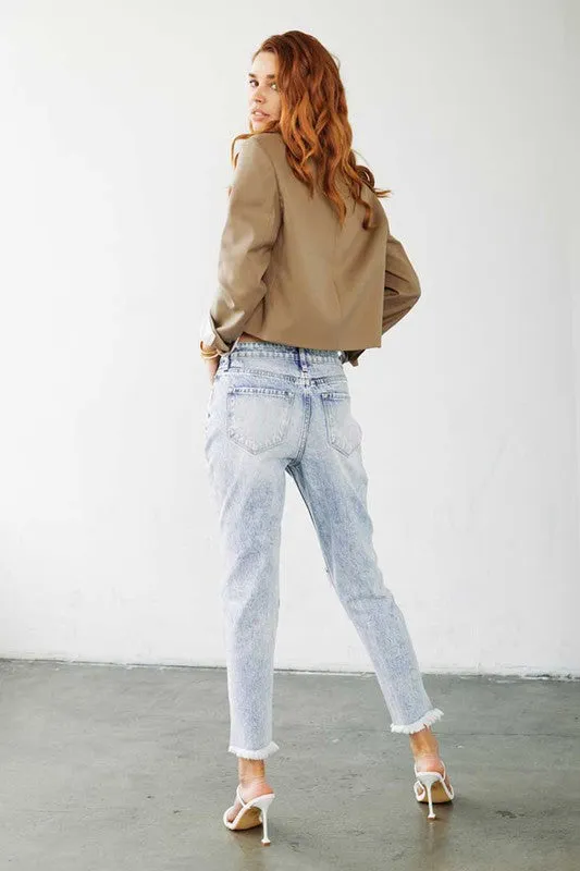High Rise Light Wash Cropped Mom Jean