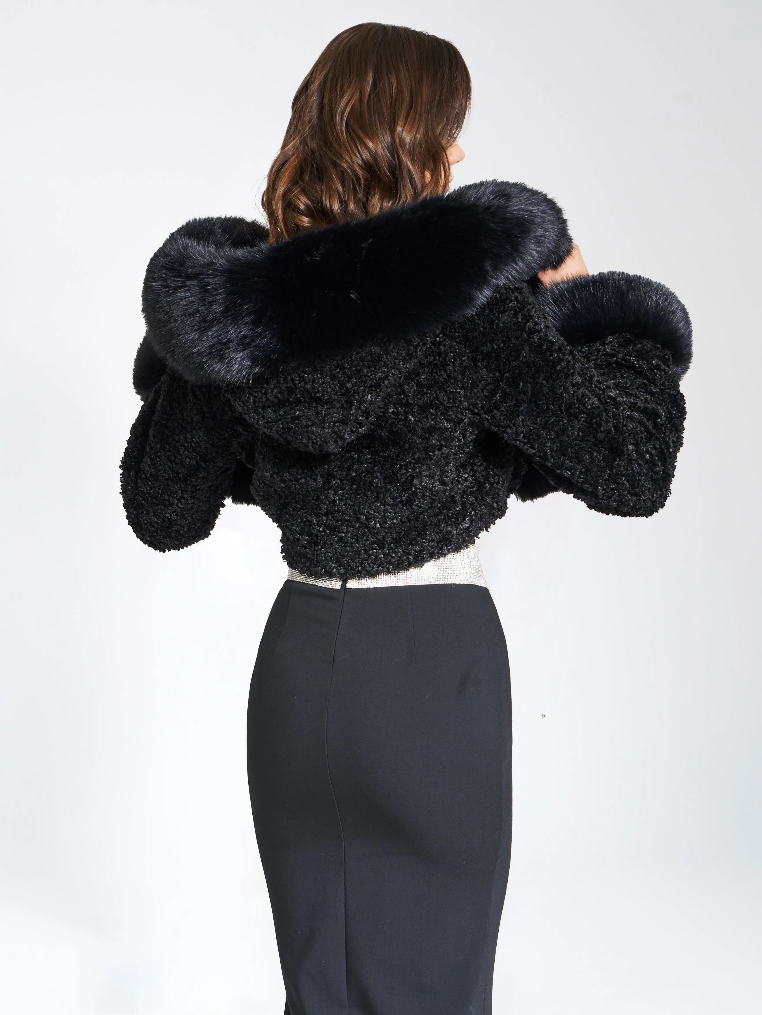 Kali Black Cropped Faux Fur Jacket With Hood