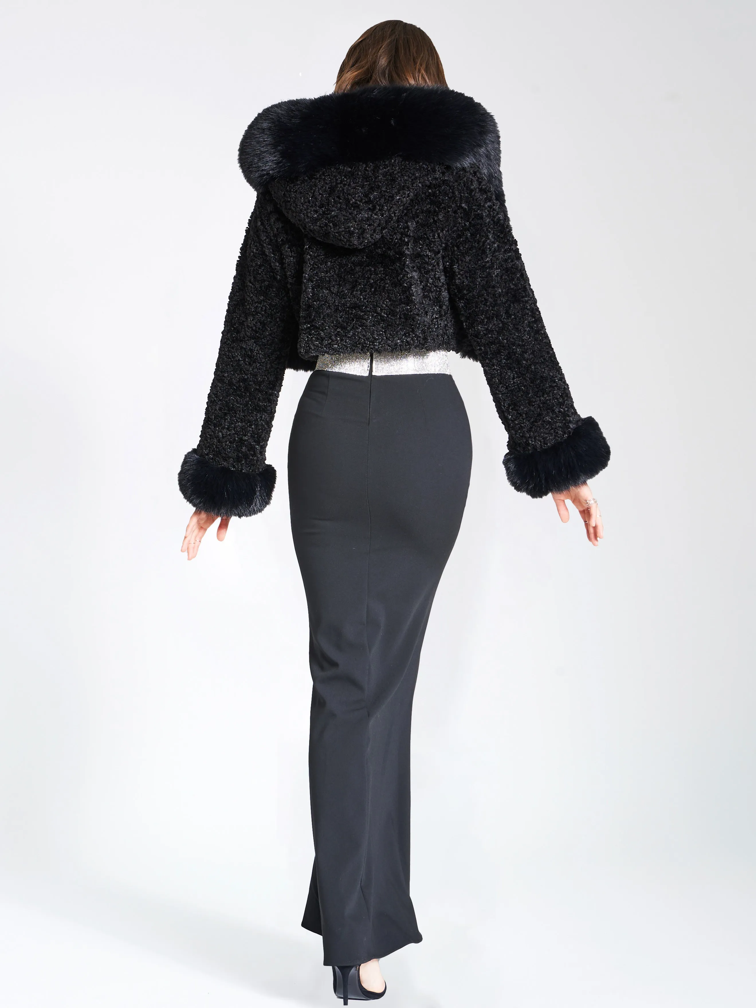 Kali Black Cropped Faux Fur Jacket With Hood