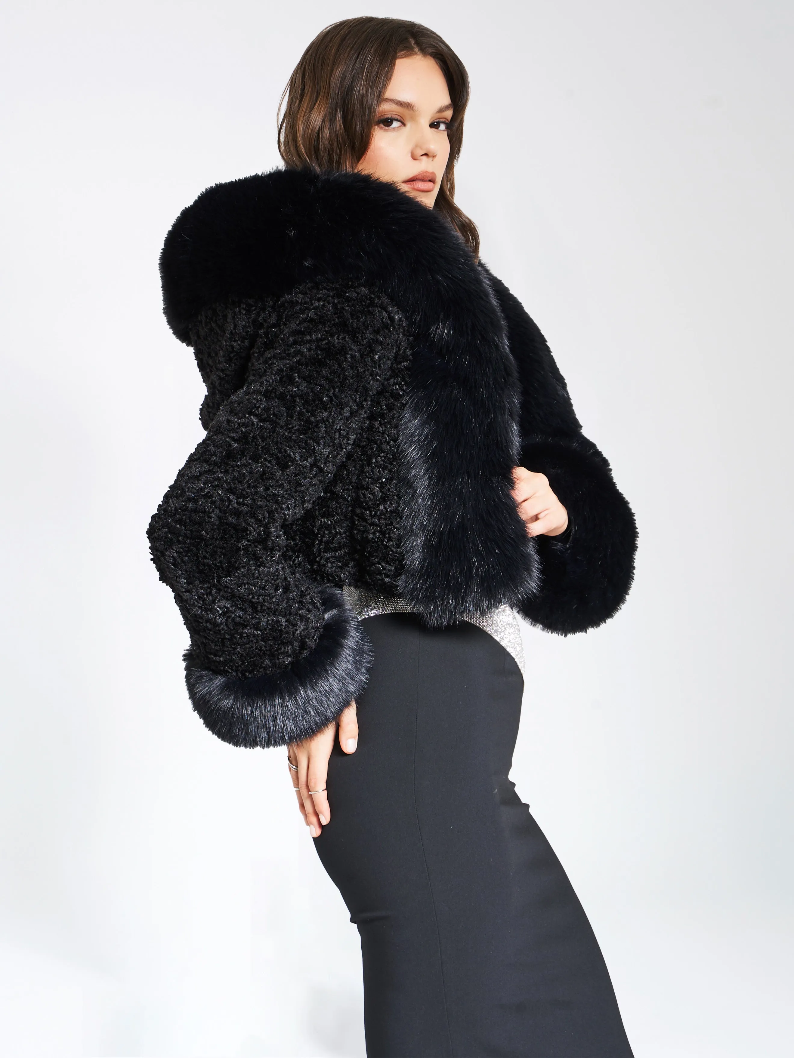 Kali Black Cropped Faux Fur Jacket With Hood