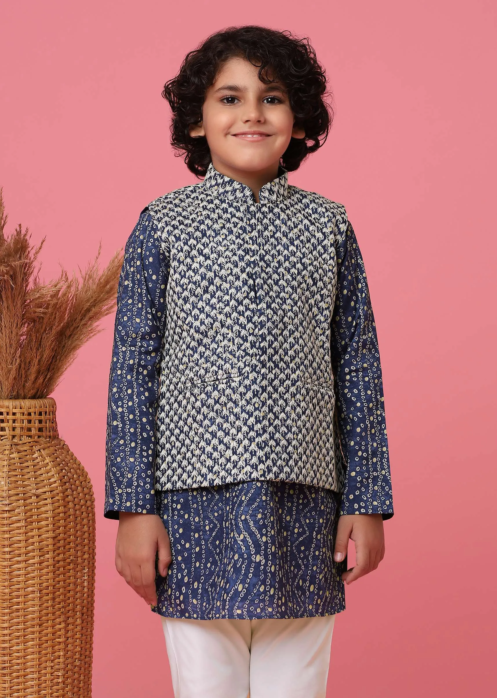 KALKI Navy Blue Jacket Kurta Set With Thread Embroidery For Boys