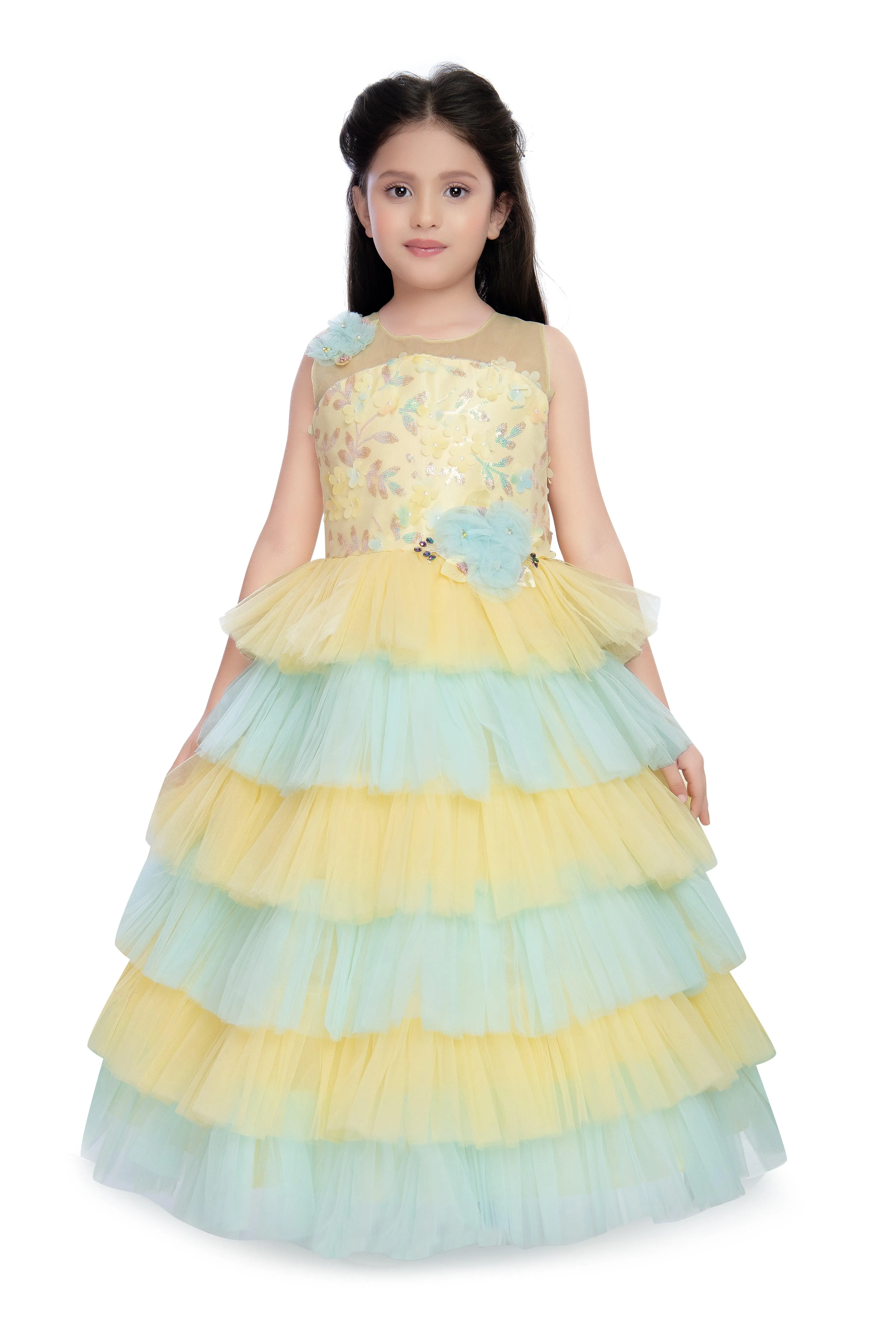 Lemon Coloured Layered Maxi Dress Trendy Frill Concept Gown For Girls