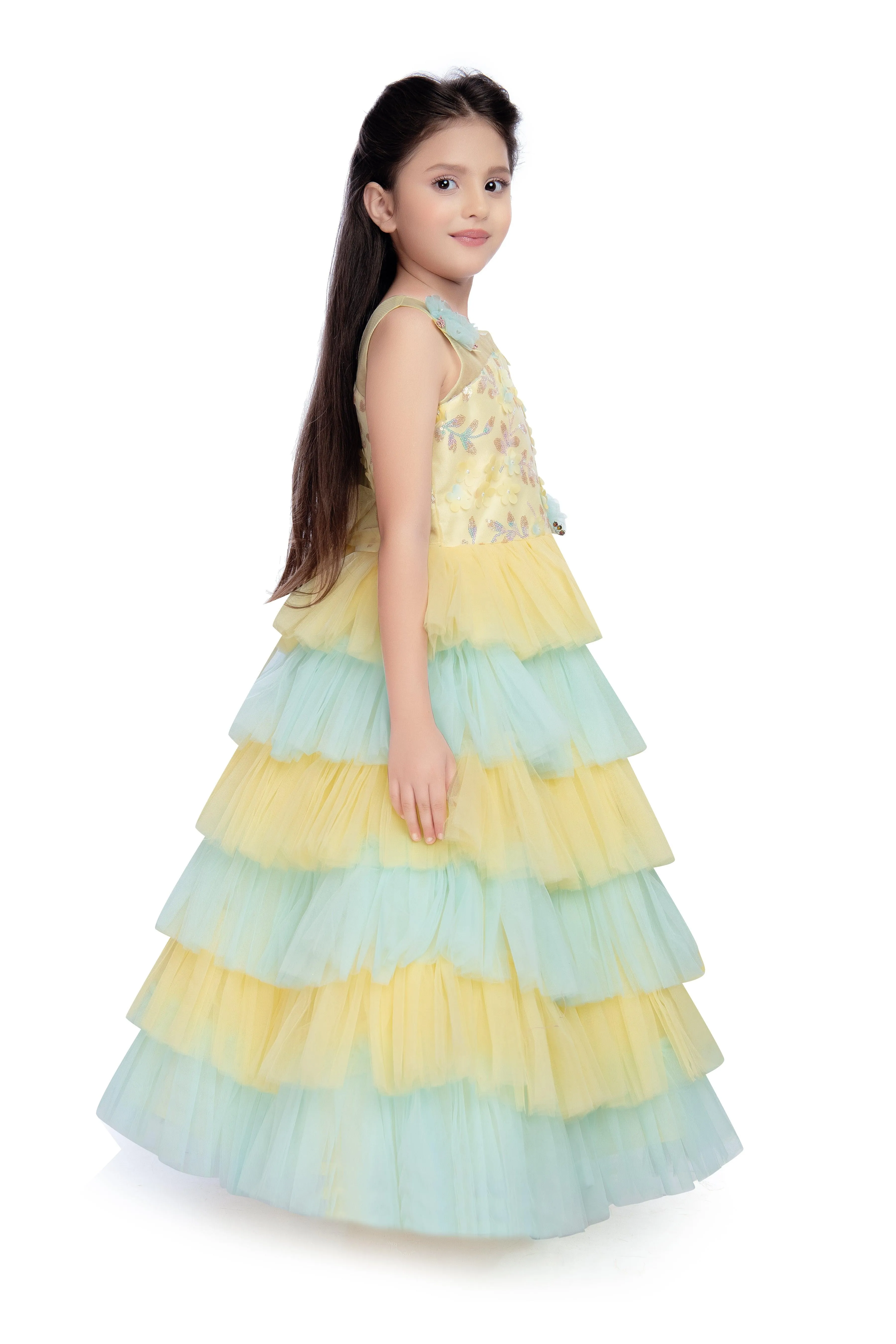 Lemon Coloured Layered Maxi Dress Trendy Frill Concept Gown For Girls