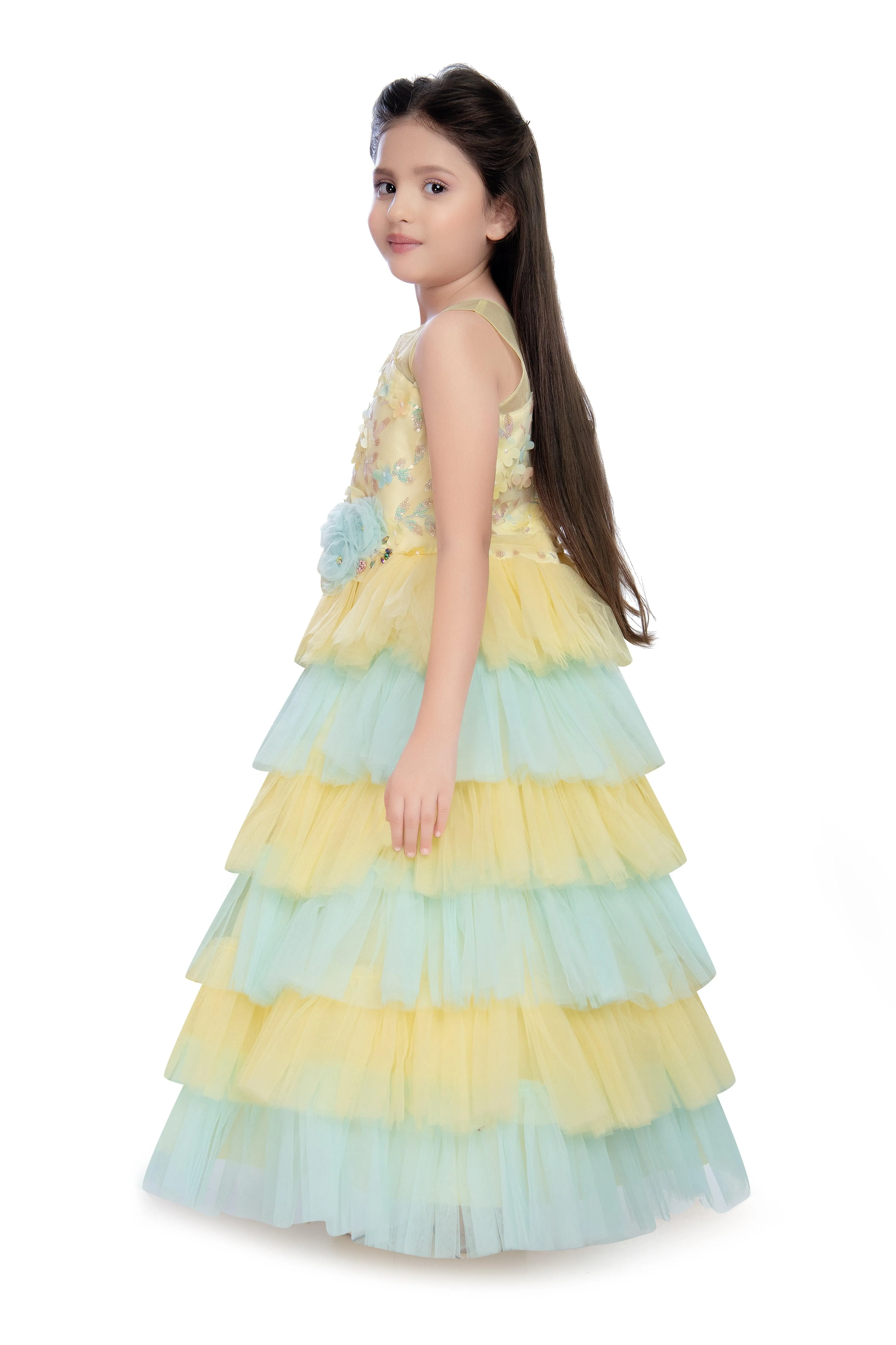 Lemon Coloured Layered Maxi Dress Trendy Frill Concept Gown For Girls