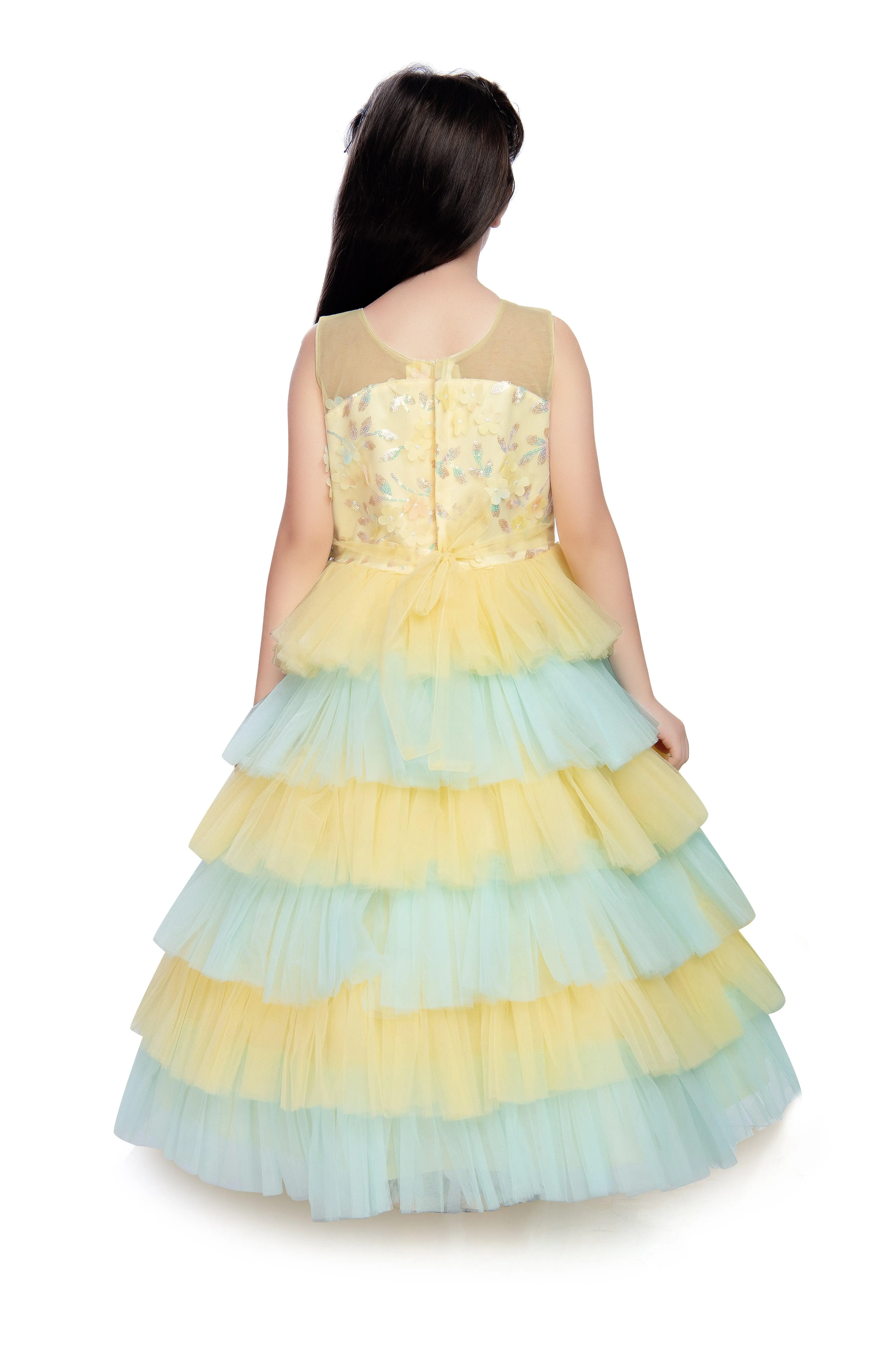 Lemon Coloured Layered Maxi Dress Trendy Frill Concept Gown For Girls