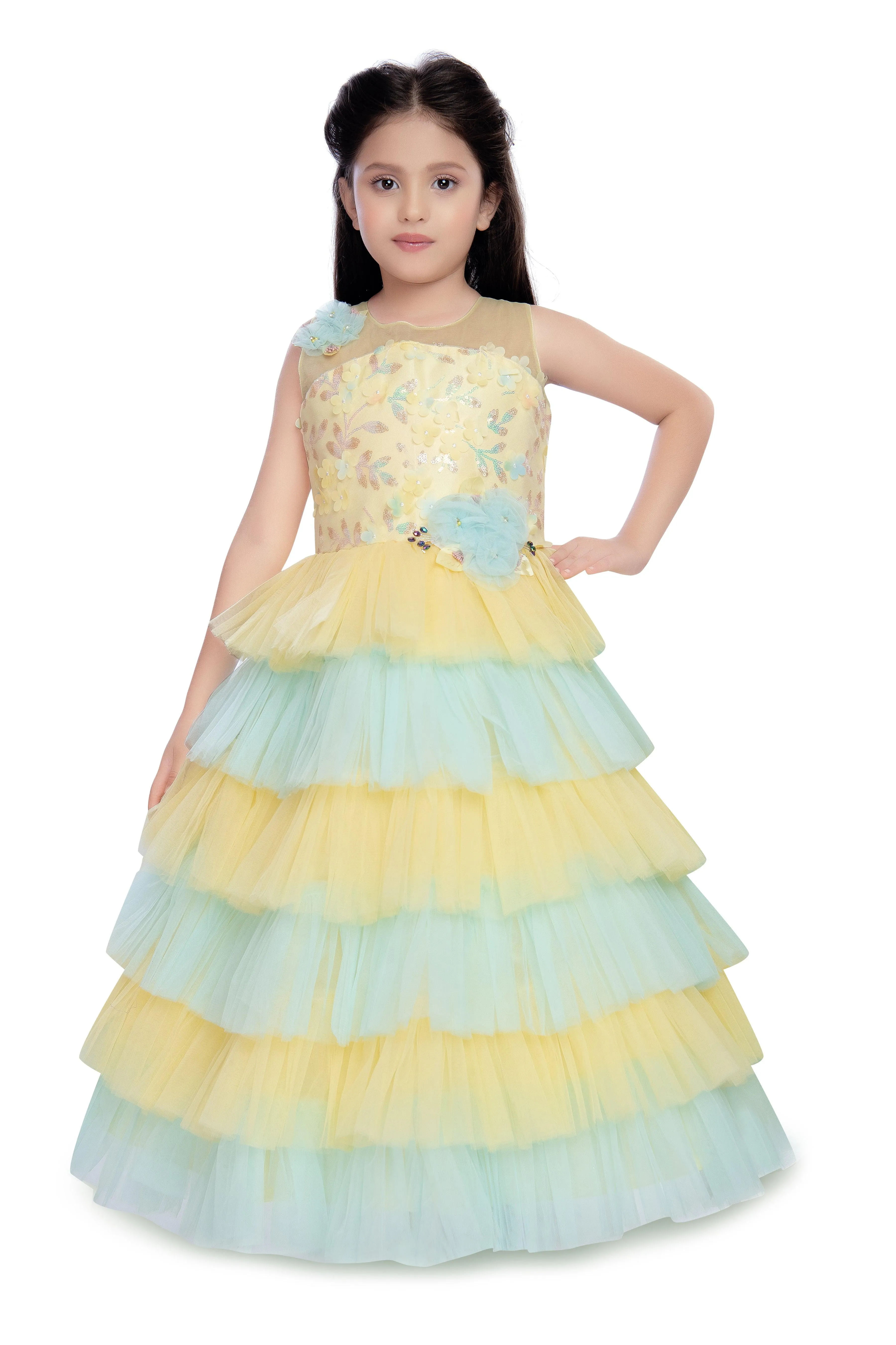 Lemon Coloured Layered Maxi Dress Trendy Frill Concept Gown For Girls