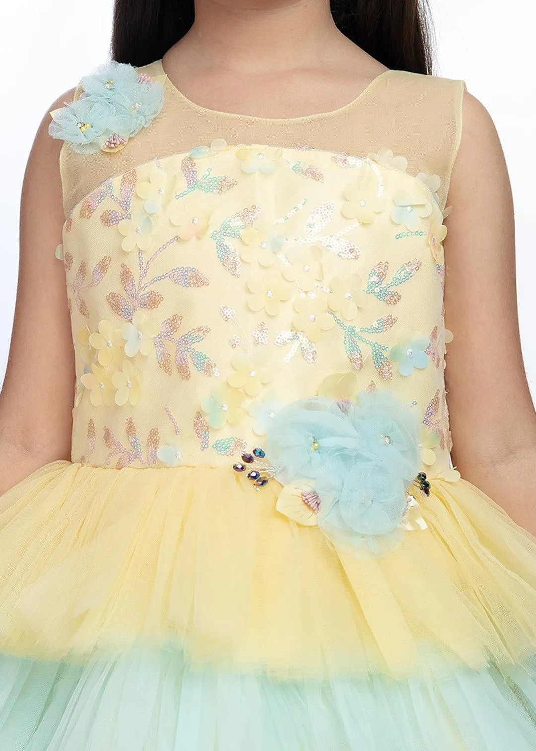 Lemon Coloured Layered Maxi Dress Trendy Frill Concept Gown For Girls