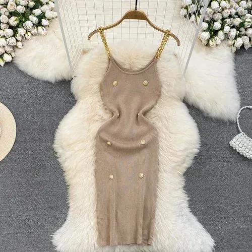 LVSANW 2024 vSexy Sleeveless Elastic  Knit Bodycon  Dress  Sexy Chic Vestidos Women Summer Slim Women Chain Slip Dress