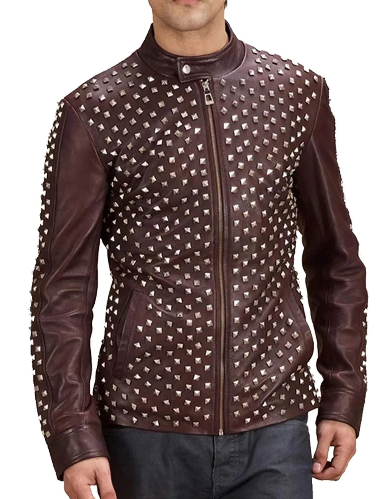 Maroon Spiked Sizzle Leather Jacket