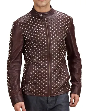 Maroon Spiked Sizzle Leather Jacket