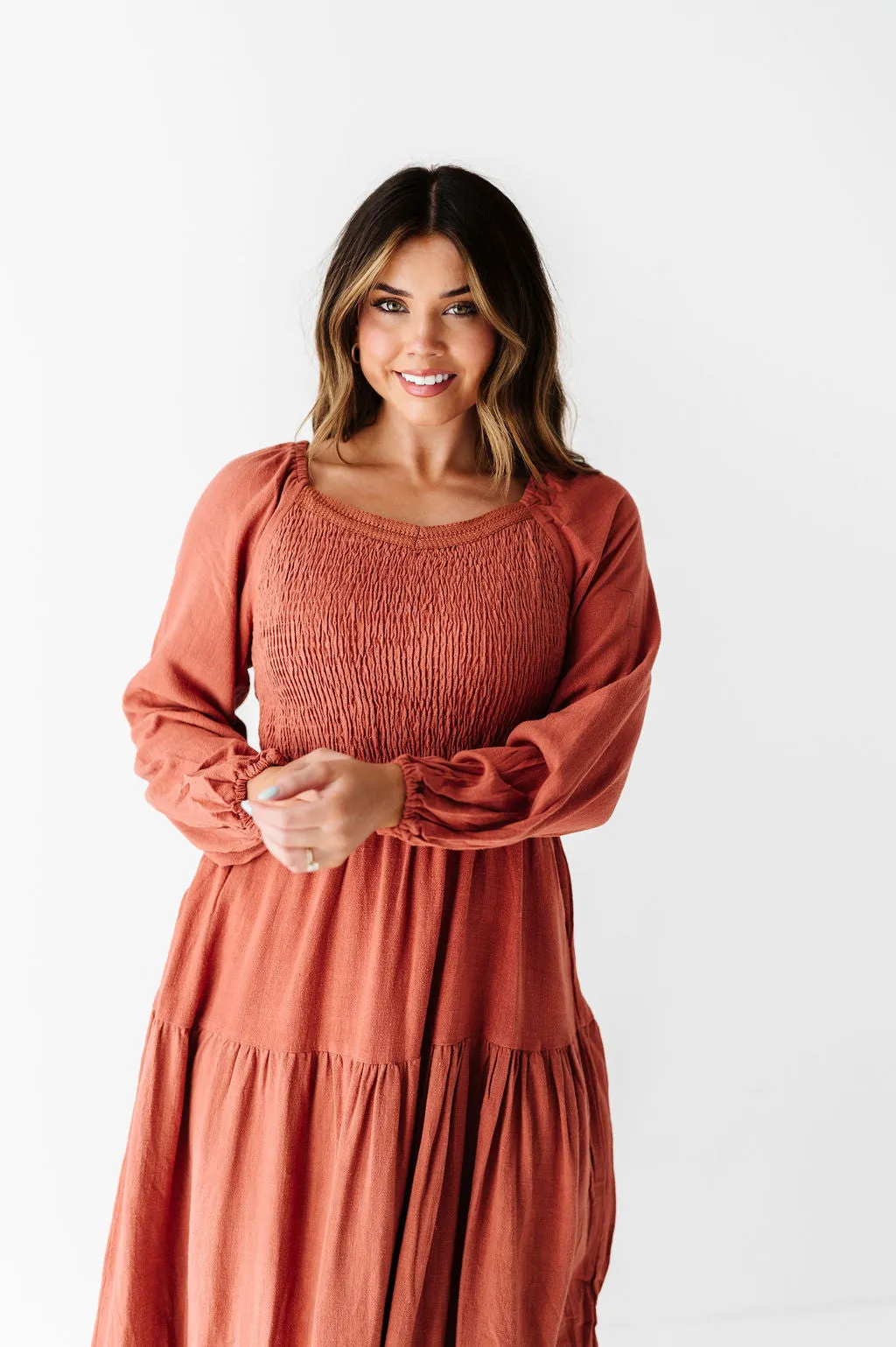Maya Tiered Dress in Rust