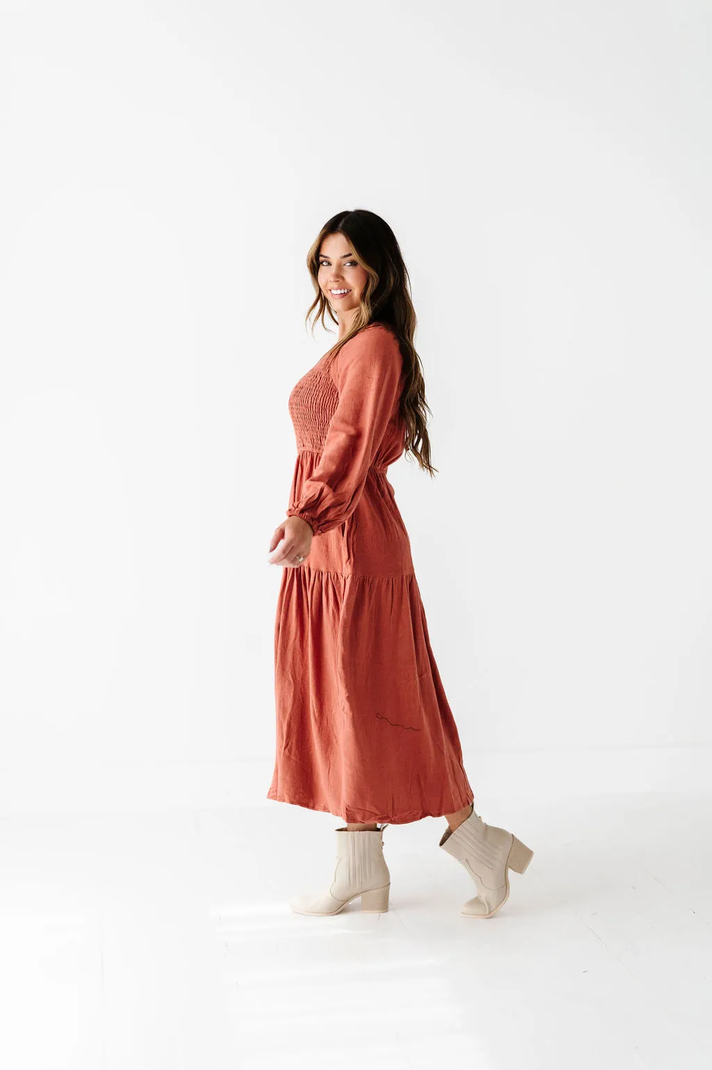 Maya Tiered Dress in Rust